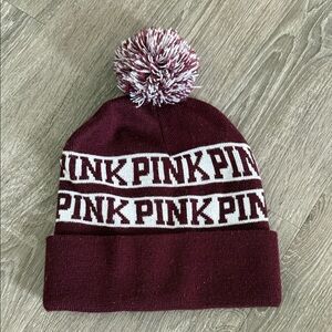 Maroon and White Pom-Pom Beanie